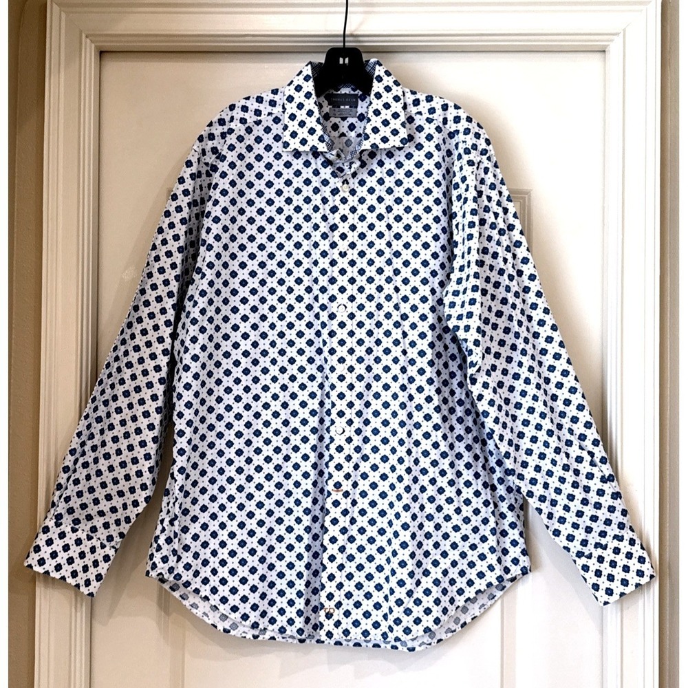 Thomas Dean Mens XL Blue White Geometric Medallion Print Button Down Shirt